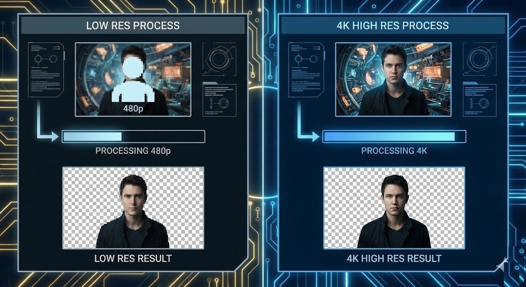Side by side comparison showing how to remove background 4k image vs low res