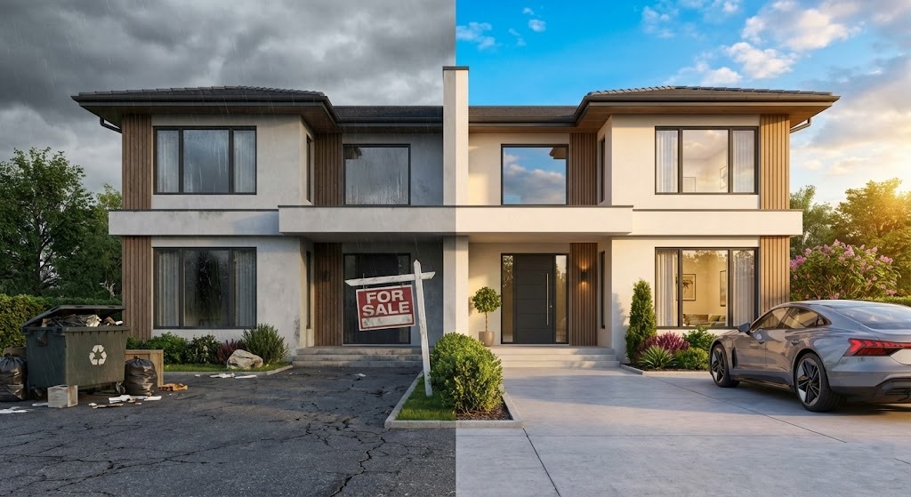 Before and after comparison of free real estate photo editing using rmvbg.net to remove clutter and improve sky.