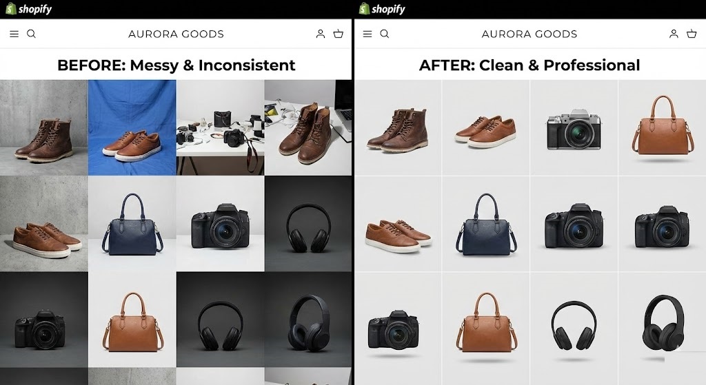 Before and after of Shopify product photography using a free background remover to unify the store look.