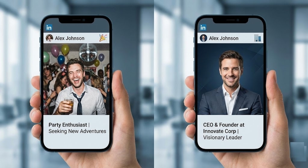 Before and after of a LinkedIn profile picture edited with a free background remover.