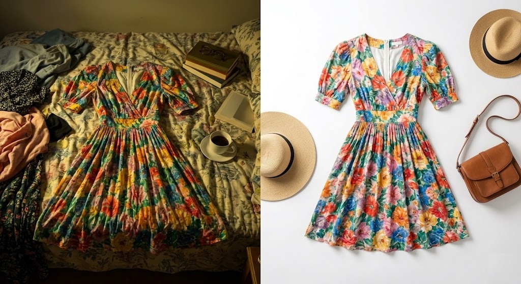 Before and after of a dress edited with a Poshmark background remover to increase sales.
