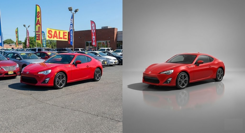 Before and after using a car background remover to increase vehicle sales.