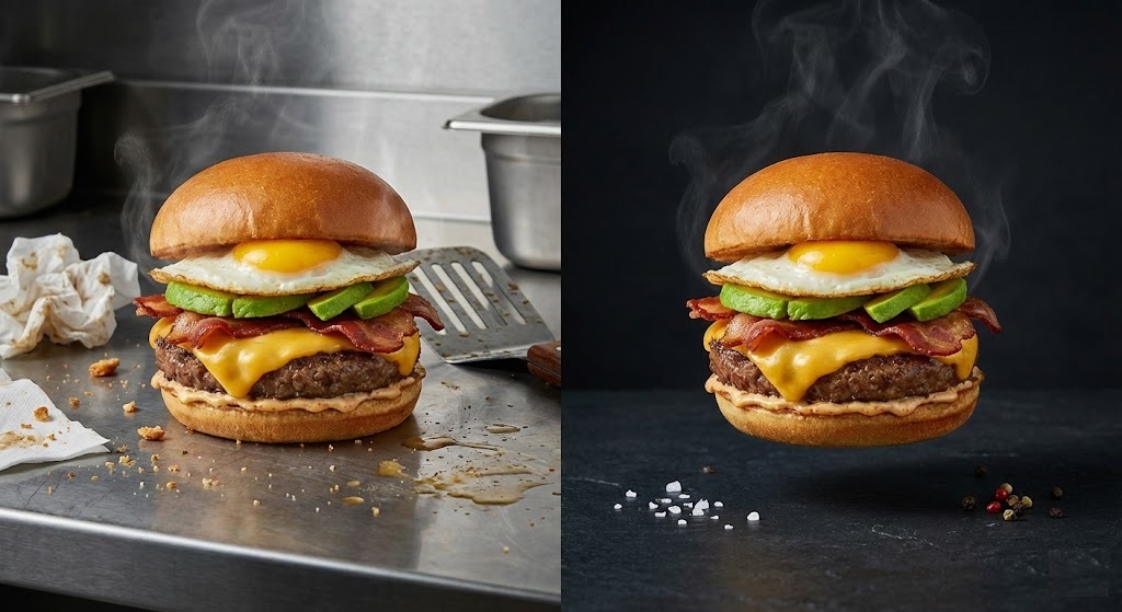 Before and after using a food photography background remover for a restaurant menu.
