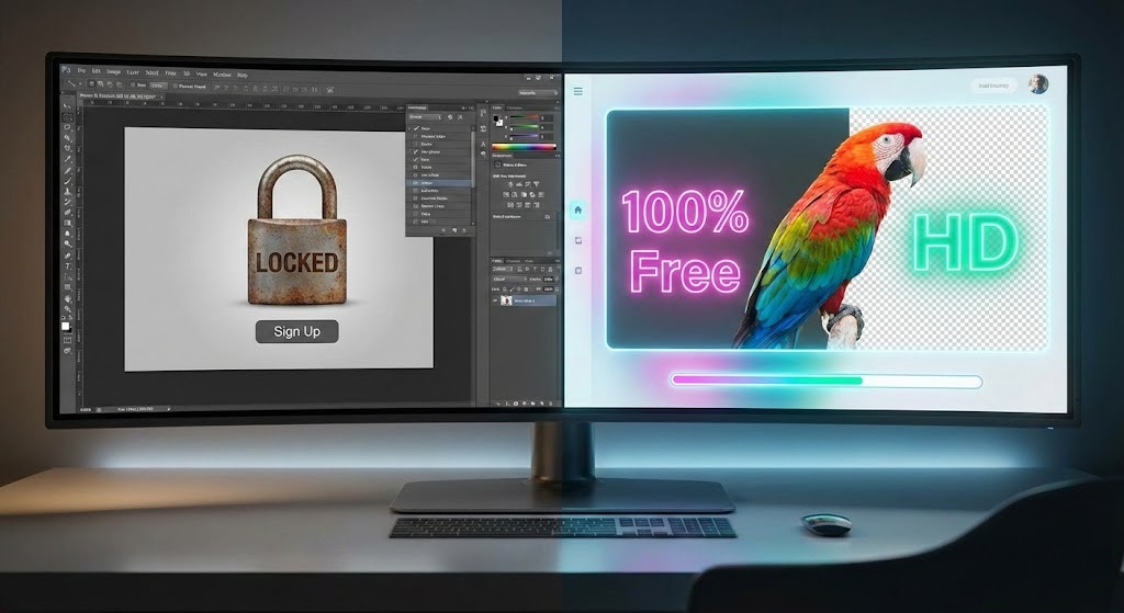 Comparison of Adobe Express requiring signup versus rmvbg.net offering free background removal.